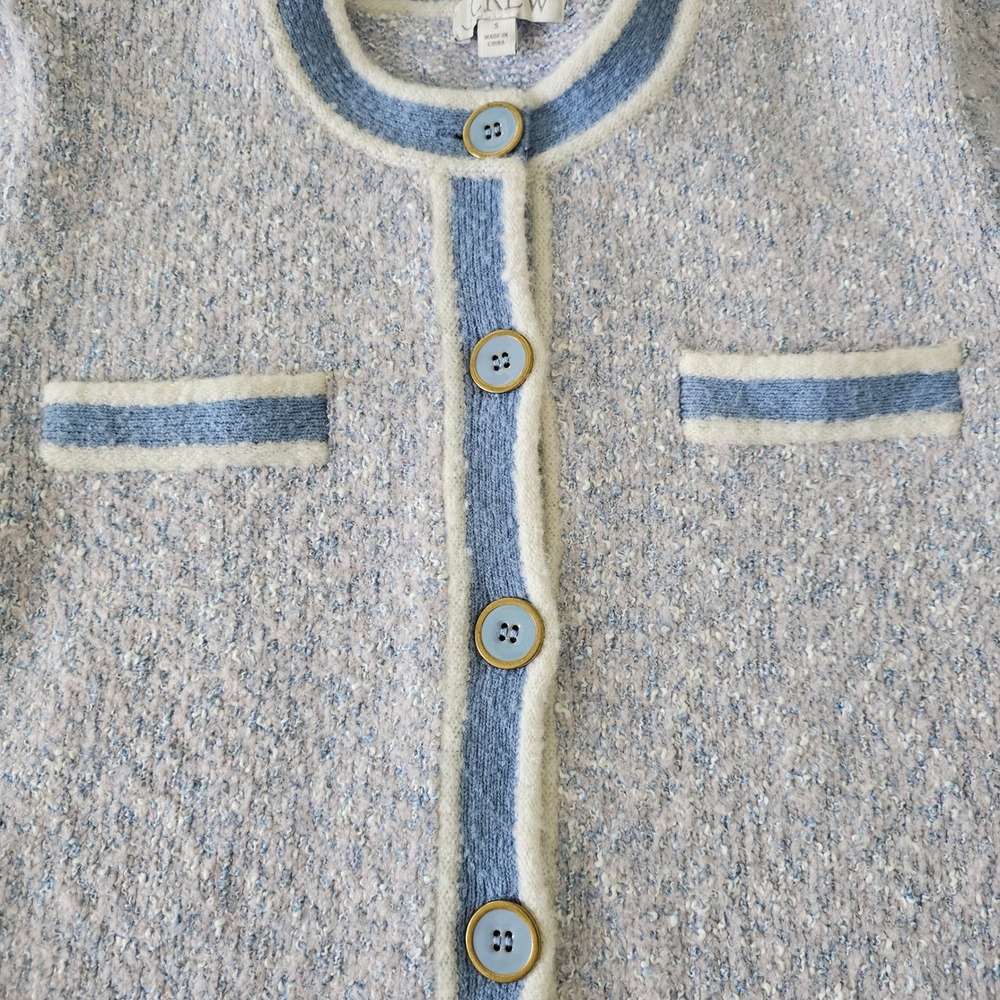 J‎ Crew Reimagined Tweed Knit Cardigan Blue Cream Button Front Pockets Size S - Picture 3 of 11